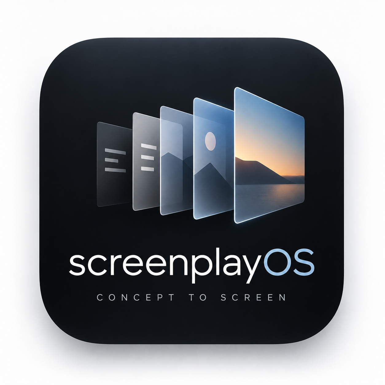 ScreenplayOS concept-to-screen artwork: layered script, board, and image frames