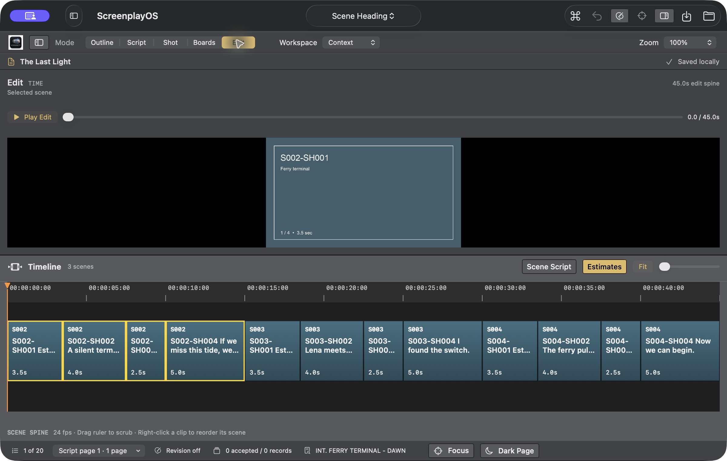 Edit view showing a 45-second timeline of twelve timed shots across three scenes