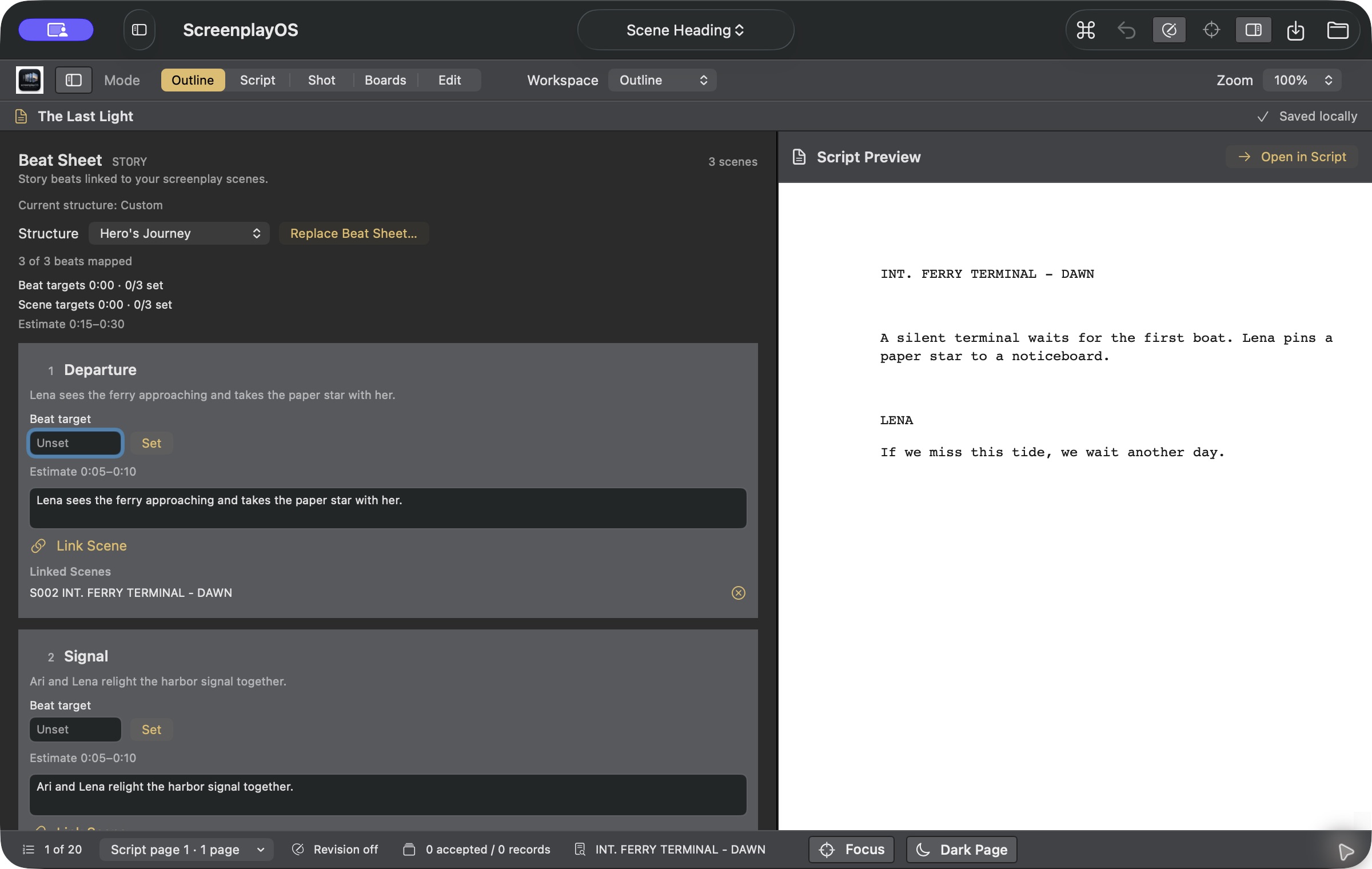 Outline mode with story beats linked to three screenplay scenes and a script preview