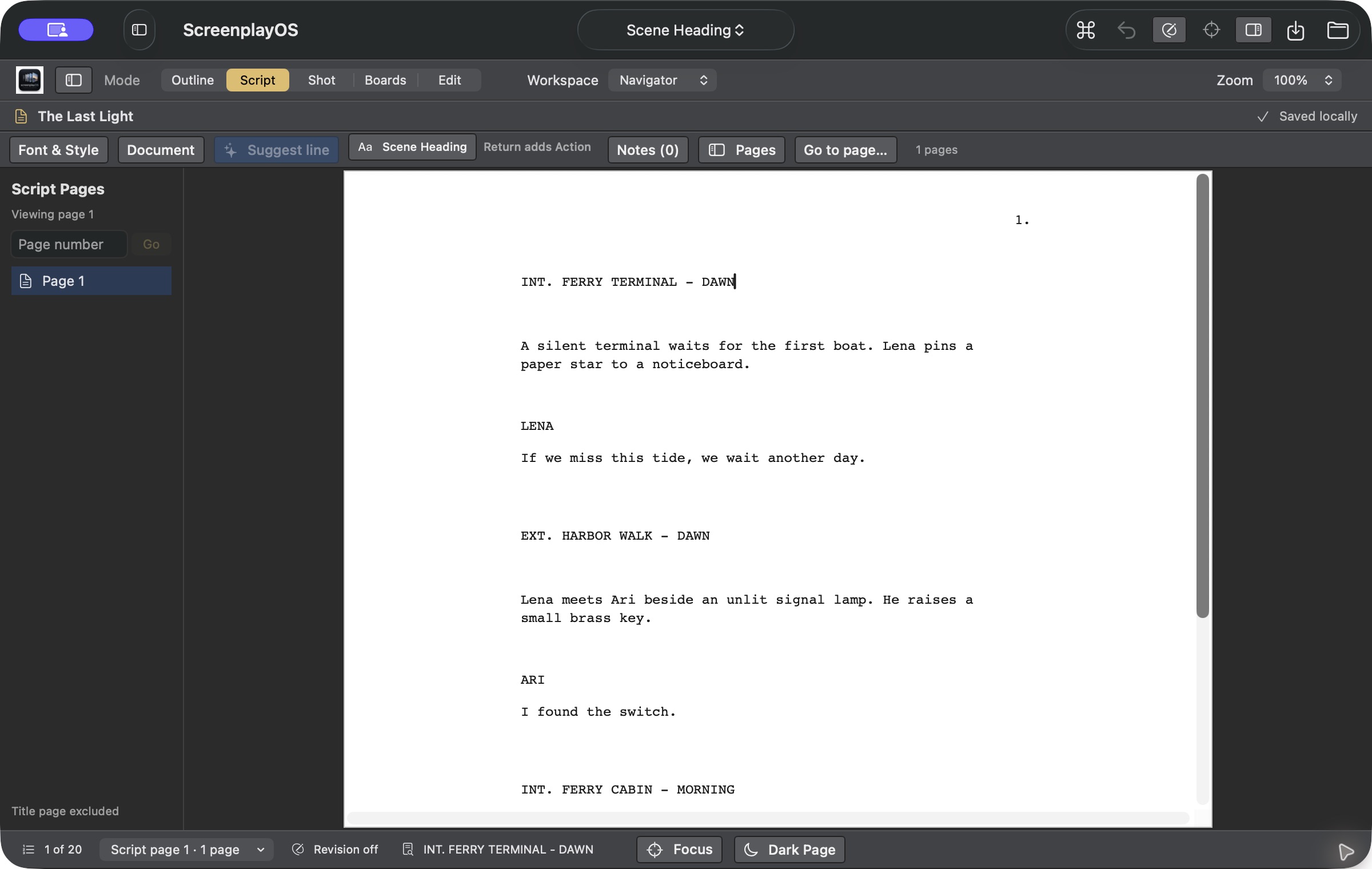 Script mode displaying a formatted screenplay page from The Last Light