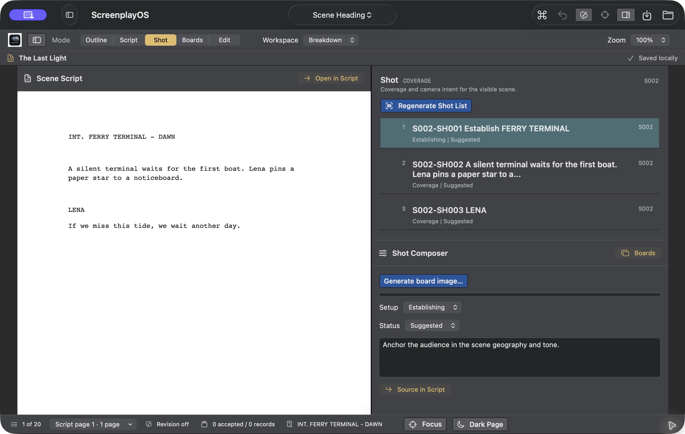 Shot mode showing scene text beside linked coverage suggestions and the shot composer